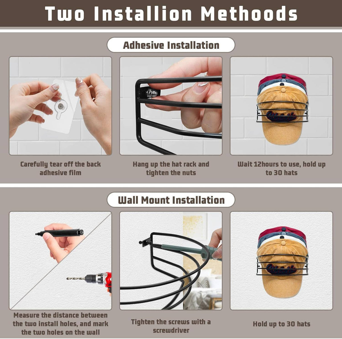 Hat rack installation options: adhesive pad mount or wall mount with screws