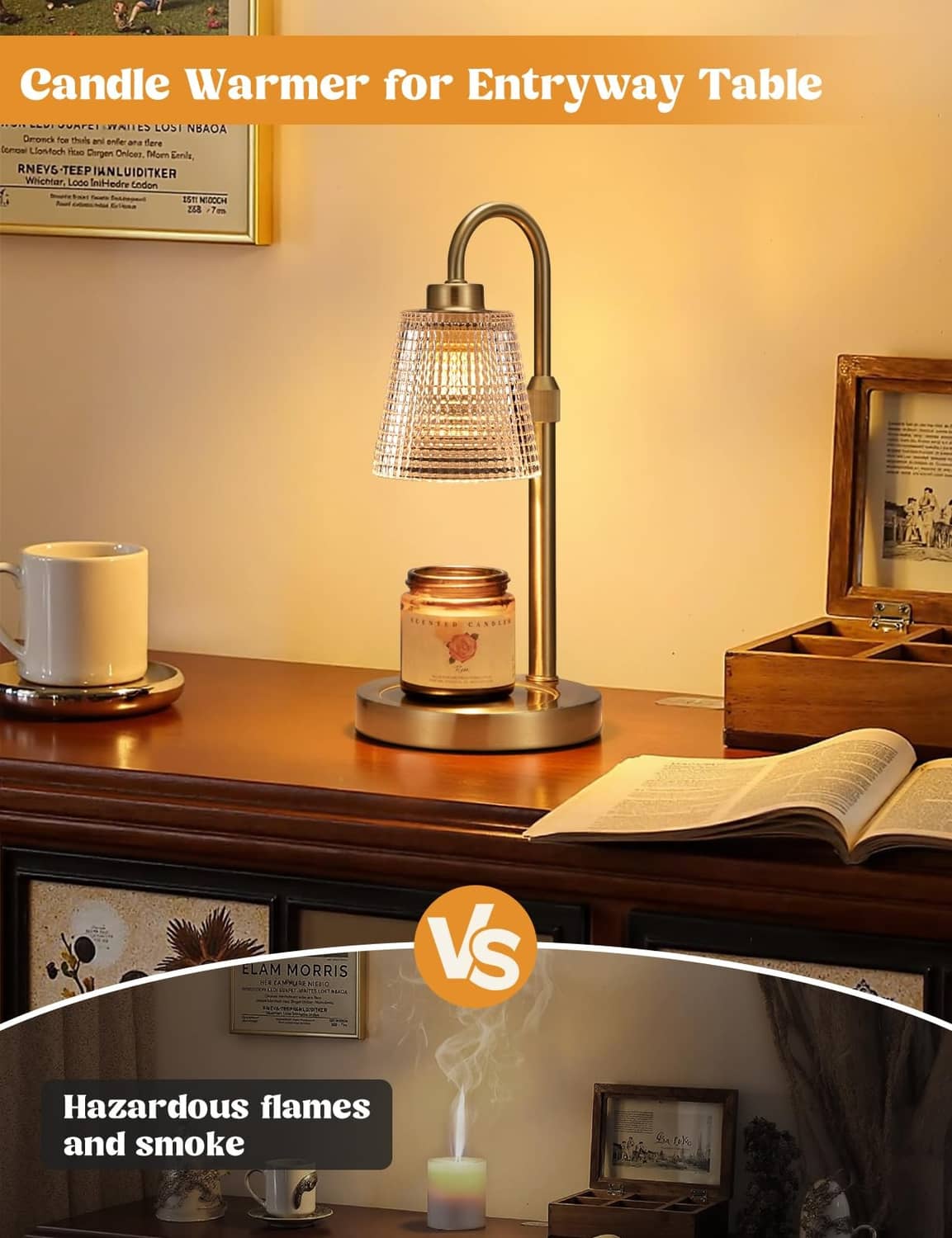 Gold candle warmer lamp on entryway table with glowing jar candle under glass shade