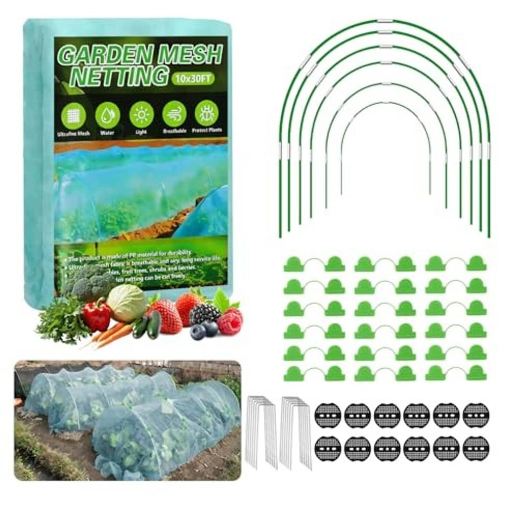 Green garden hoop netting kit with curved mesh hoops and clips