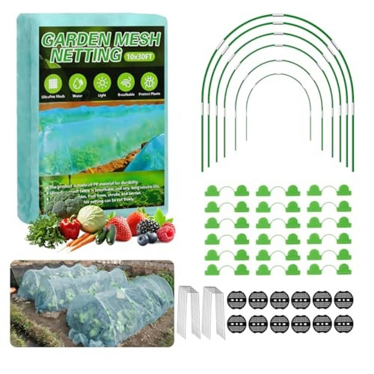 Green garden hoop netting kit with curved mesh hoops and clips