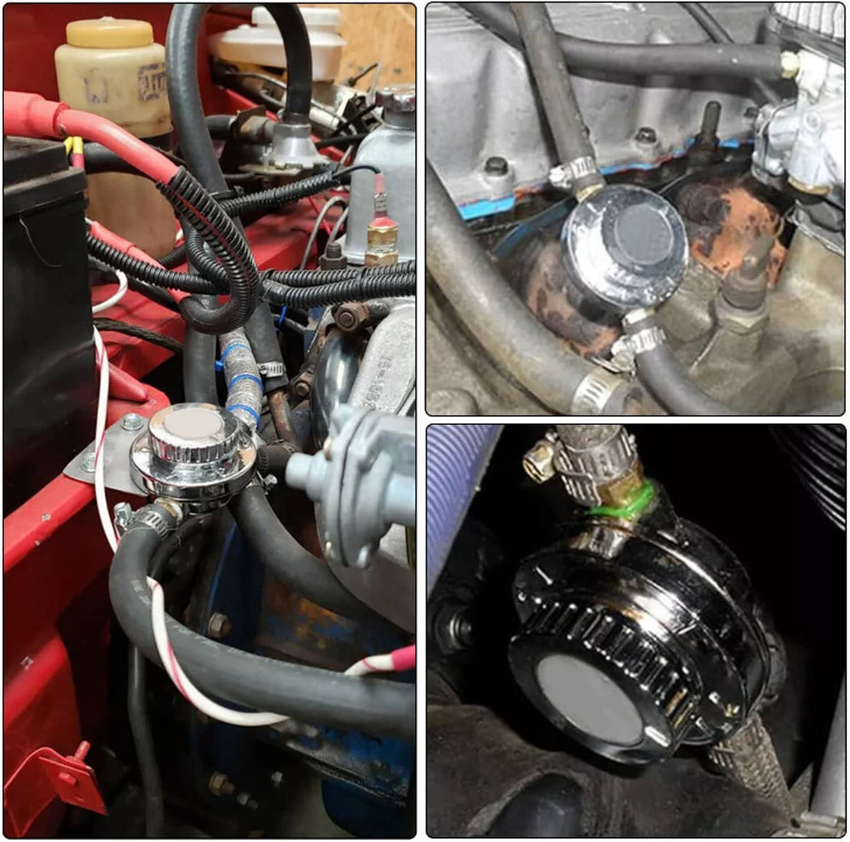Universal adjustable fuel pressure regulator with connected hoses and engine mounting hardware