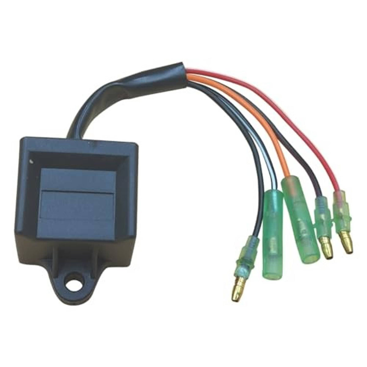 CDI ignition control module with multicolor wiring and four green bullet connectors, blue case