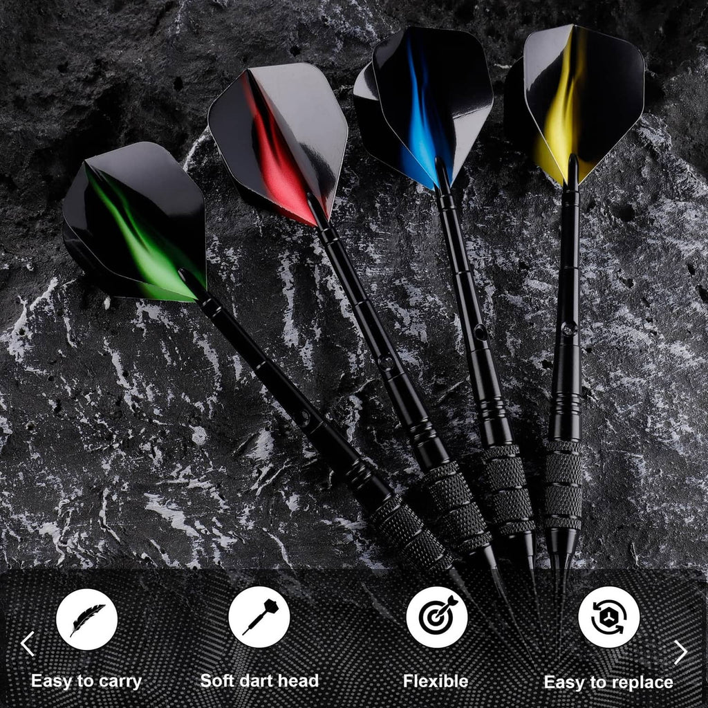 Four soft tip darts with black barrels and red, blue, yellow, and green flights