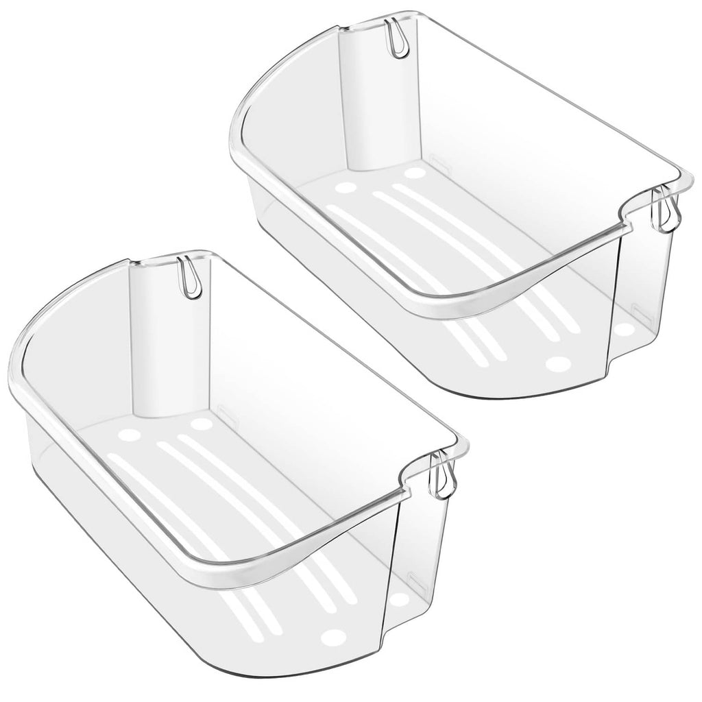 Set of two clear refrigerator door bins with mounting clips.