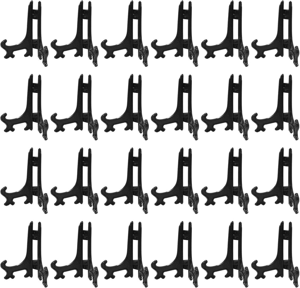 Mini black plastic easel plate stands for displaying photos or cards, multiple pack