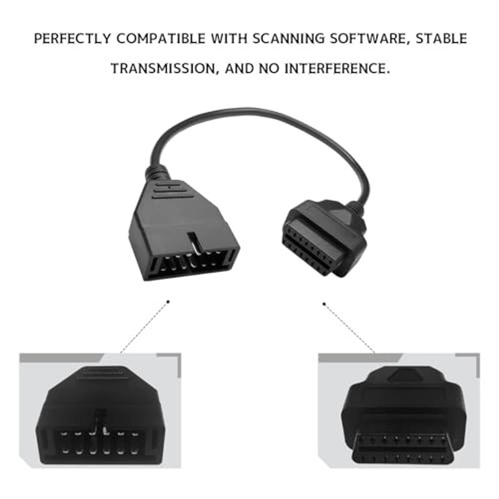 Black OBD adapter cable with 12-pin and 16-pin plugs shown from multiple angles