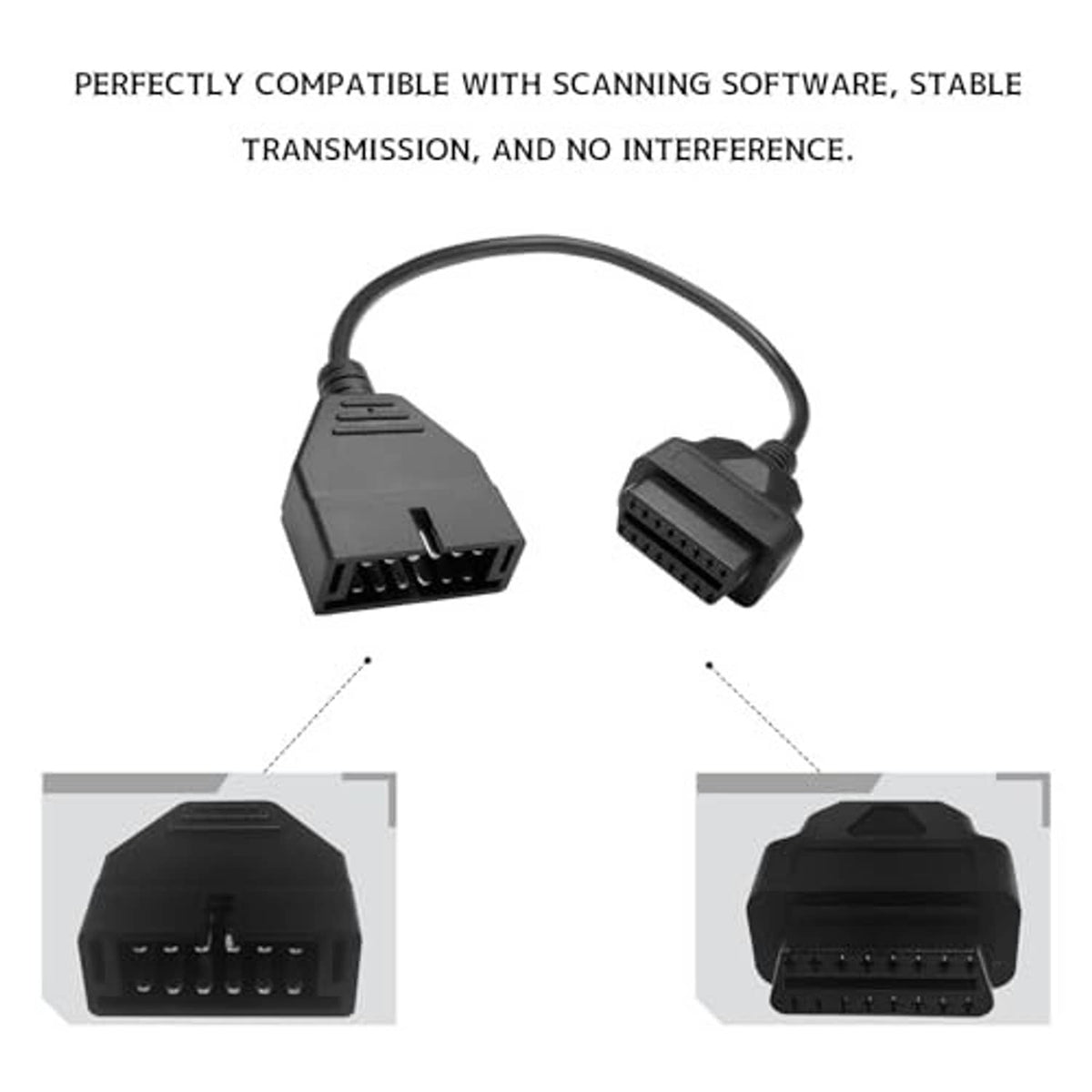 Black OBD adapter cable with 12-pin and 16-pin plugs shown from multiple angles