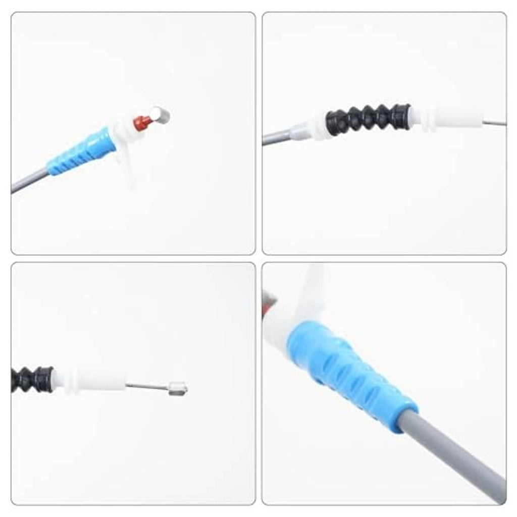 Close-up front hood release cable with blue sleeve, black boot, and white connectors