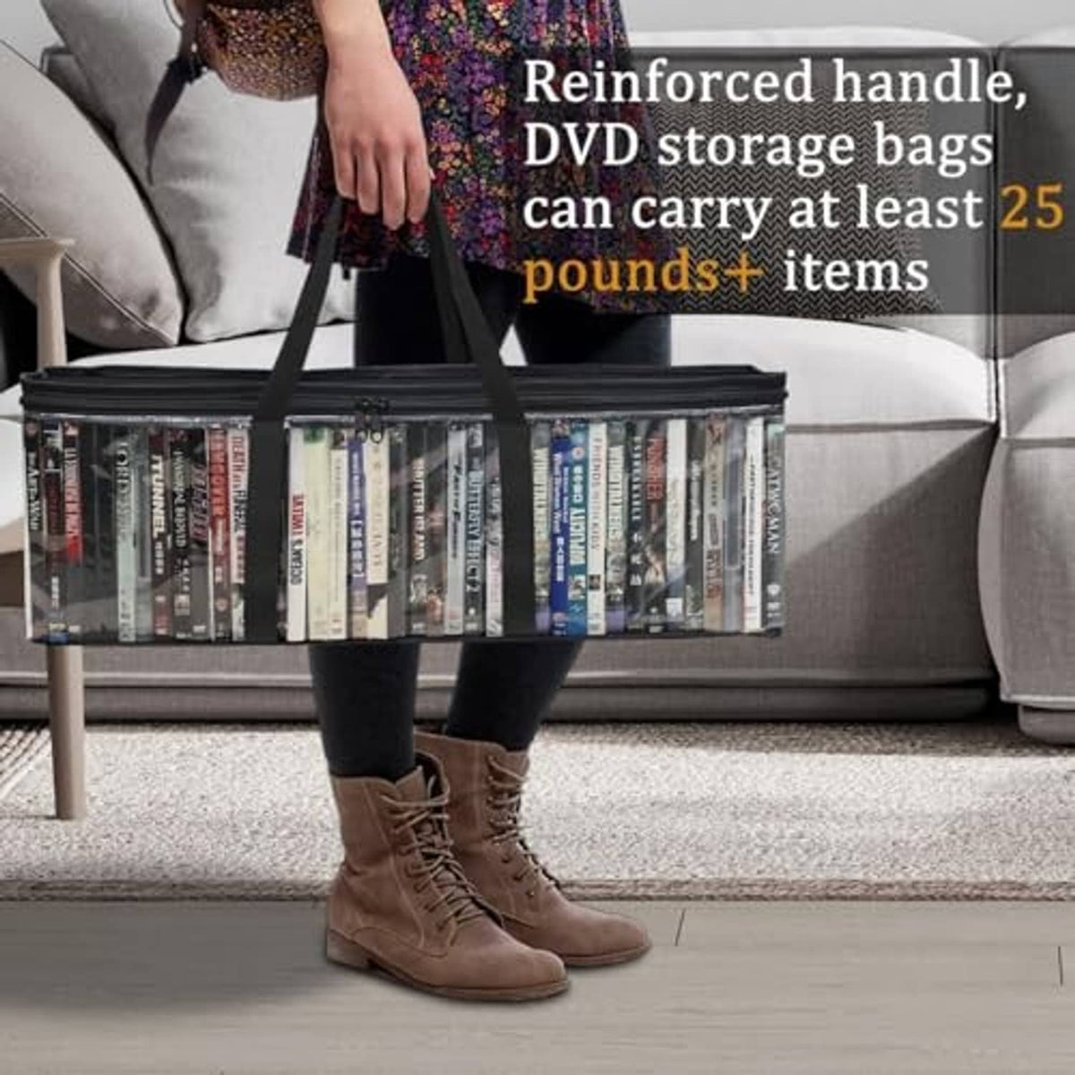 DVD storage bag with black reinforced handle and clear sides, filled with CD/DVD cases