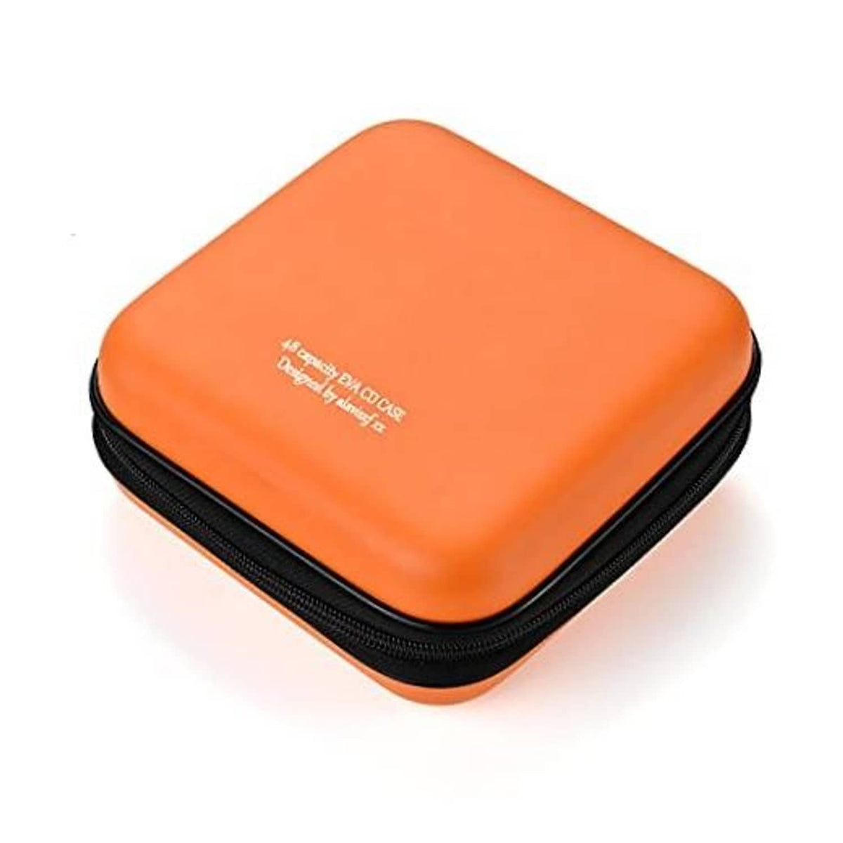 Orange hard EVA DVD/CD storage case with black zipper trim, rounded rectangular shape