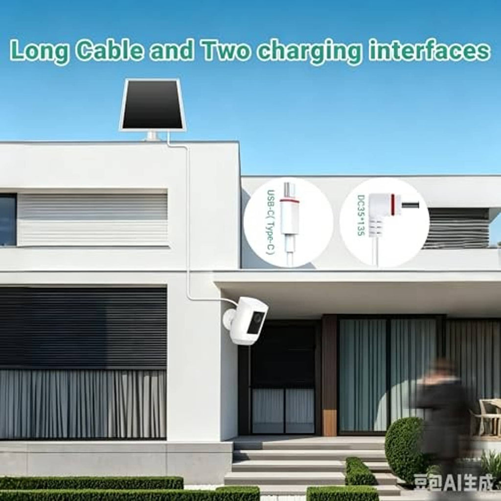 Solar panel charger kit with long cable and two charging connectors for outdoor mount.