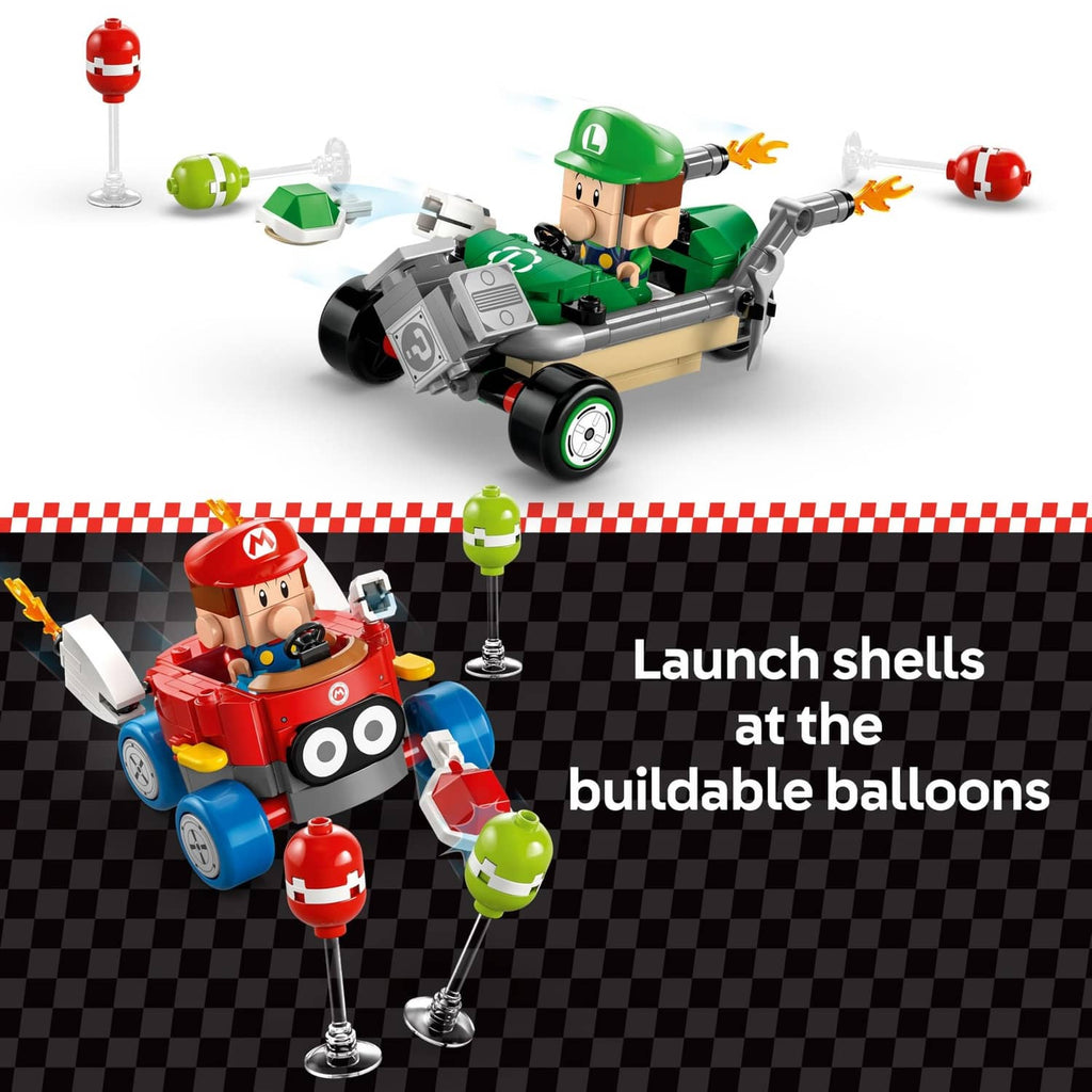 LEGO Super Mario racing vehicles with balloon-launch shells and mini character figures