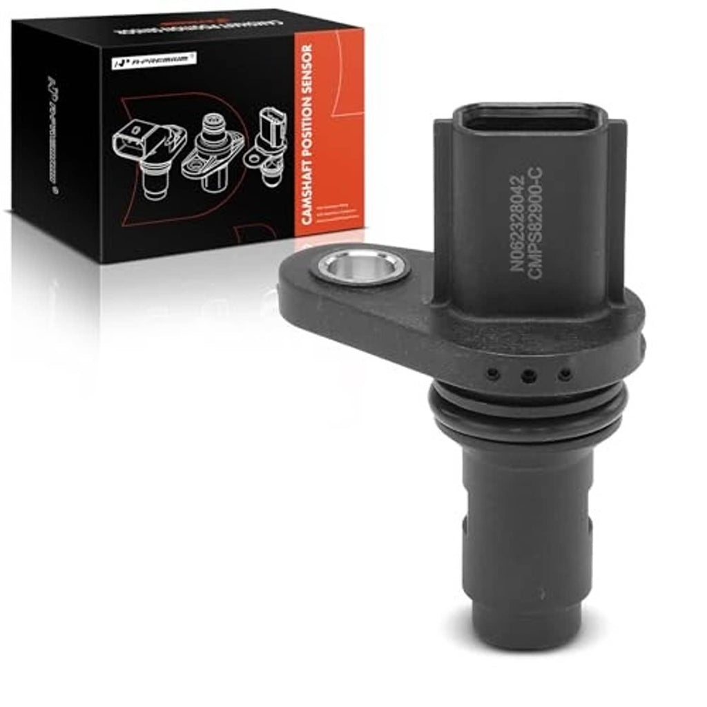 3-pin camshaft position sensor, black housing and metal flange, angled view with box