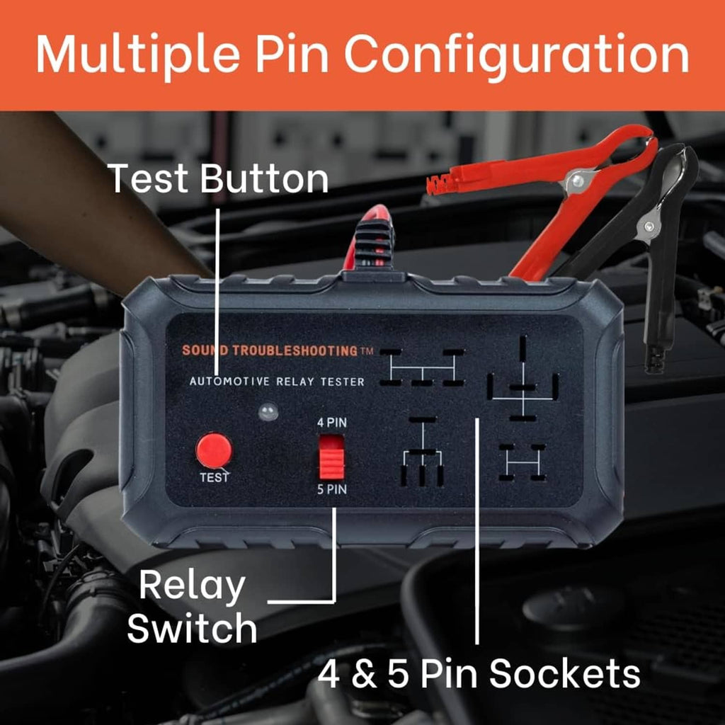 Automotive relay tester case with test button and 4 & 5 pin socket layout