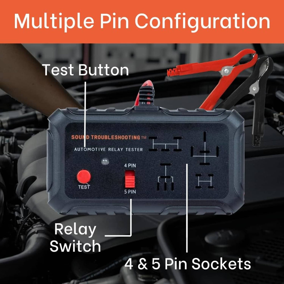 Automotive relay tester case with test button and 4 & 5 pin socket layout