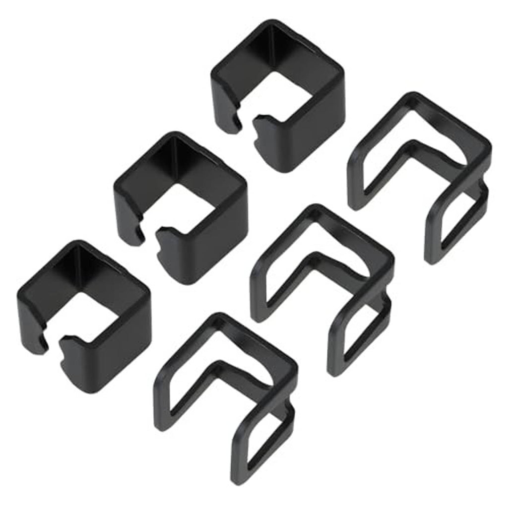 Six black hydraulic jack spacer and support brackets, open square notch design.