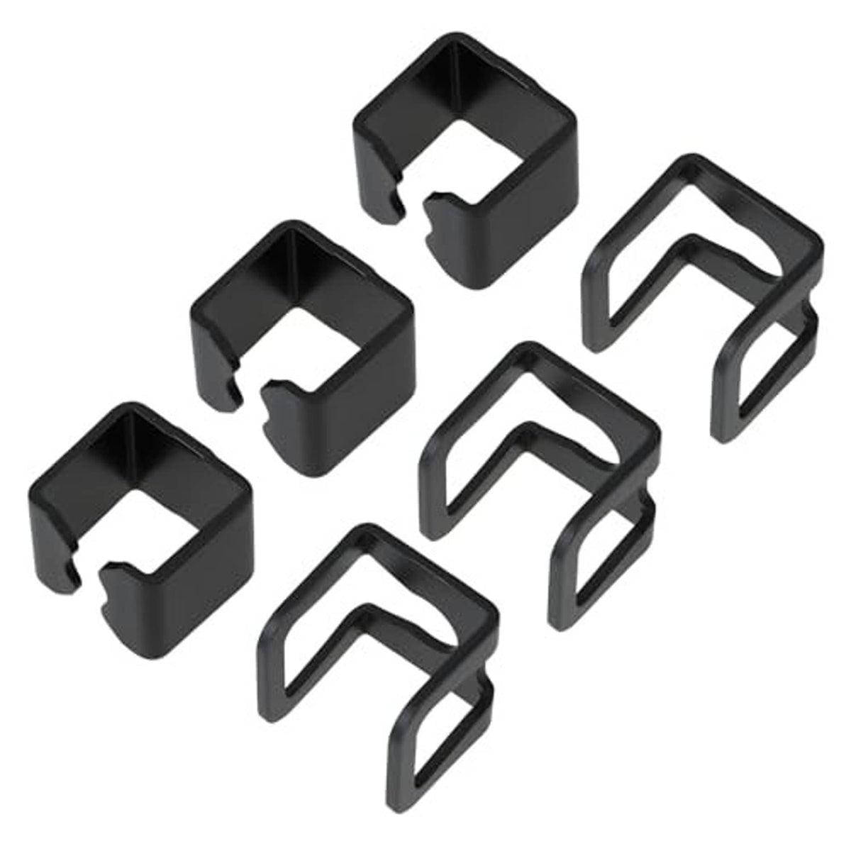Six black hydraulic jack spacer and support brackets, open square notch design.