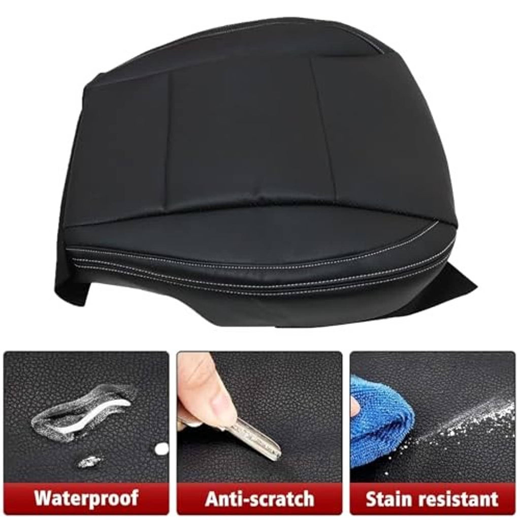 Black contoured driver seat bottom replacement cover with contrast trim stitching