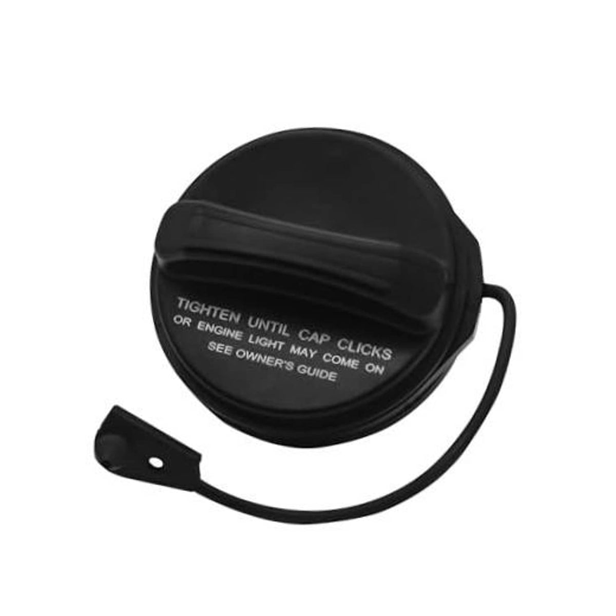 Black fuel filler cap with 'TIGHTEN UNTIL CAP CLICKS' text and attached hose