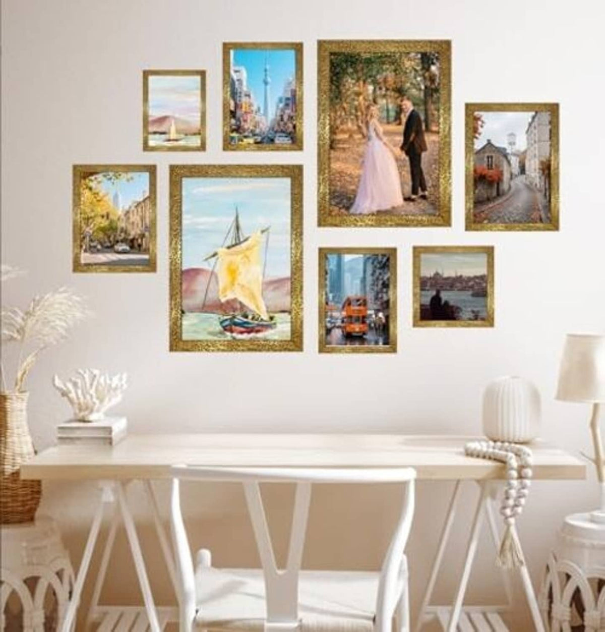 Ornate gold photo frame set of 4 showing multiple 8x10 prints on wall