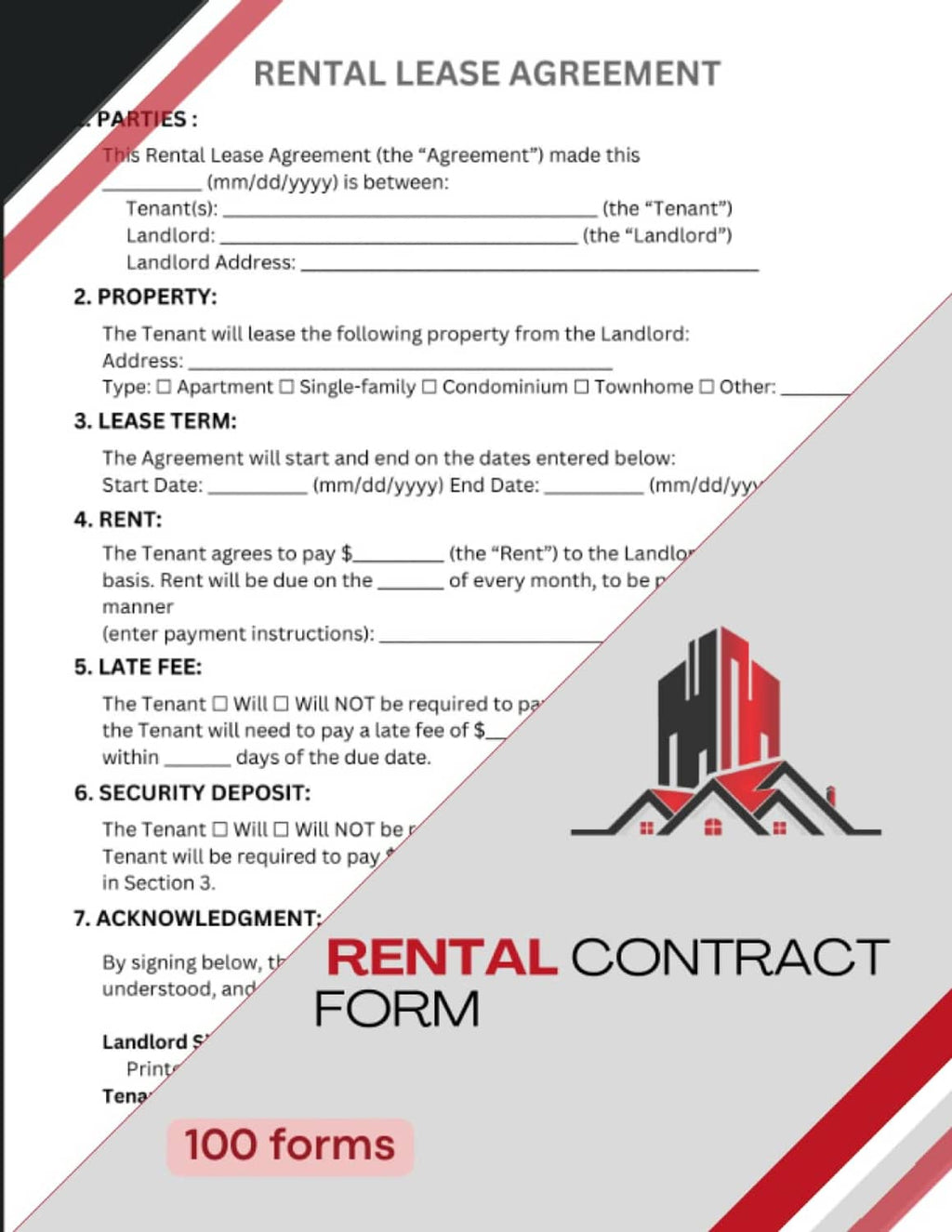 Rental contract form cover showing title text, house icon, and “100 forms” badge