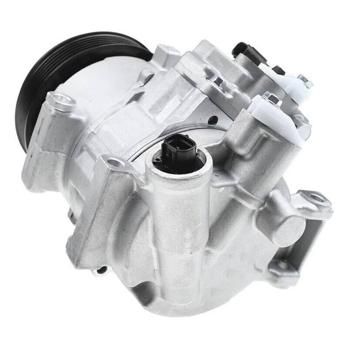 A/C air compressor with black pulley and silver housing, top-right angle