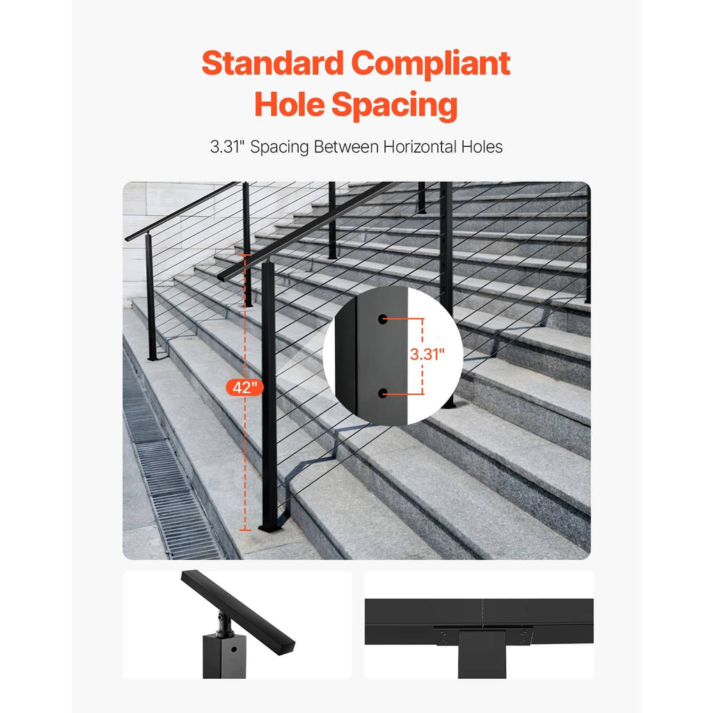Cable railing post showing standard spacing between horizontal holes on stair rails