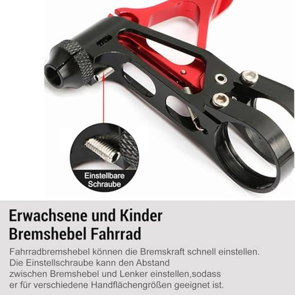 Black bicycle brake lever with textured thumb grip and red aluminum mount insert
