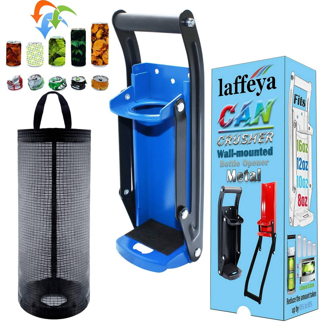 Wall-mounted metal can crusher with blue hopper and black handle, includes bottle opener