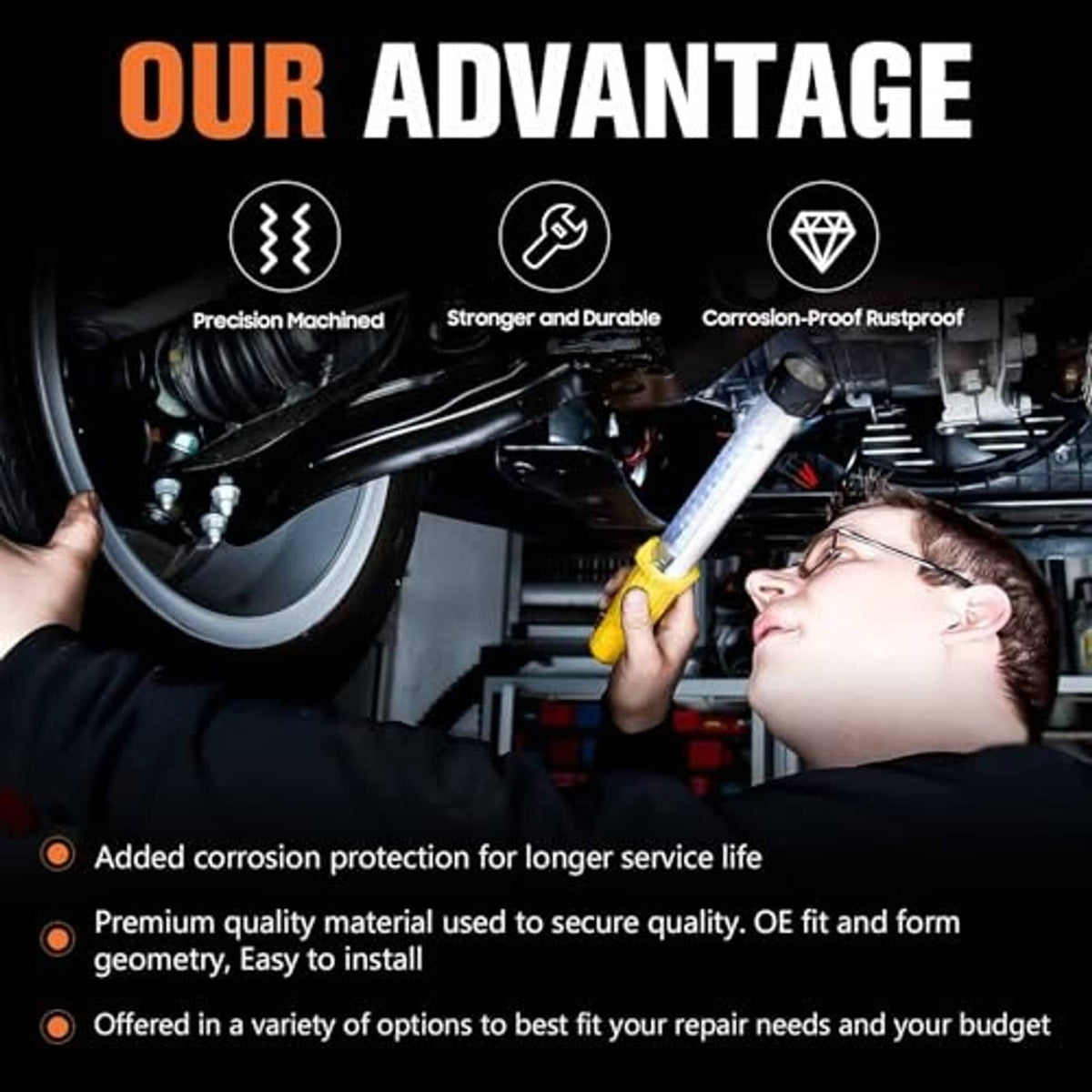 Front lower control arm kit installation under vehicle, metal arms and joints visible