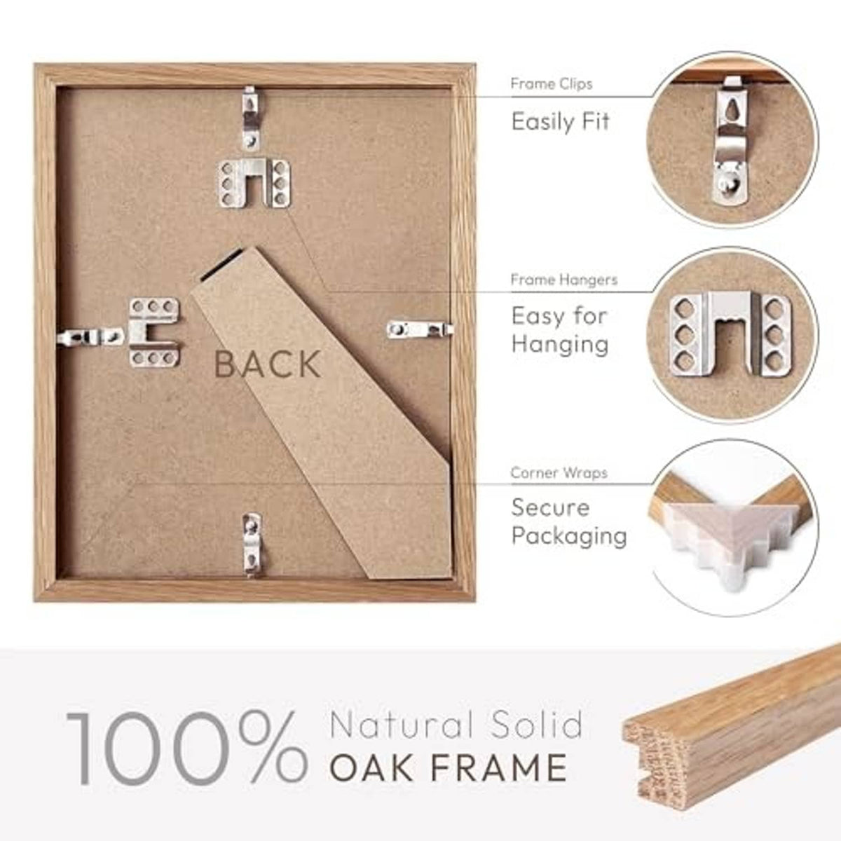 Solid oak 8x10 photo frame back with metal clips and hanging hardware
