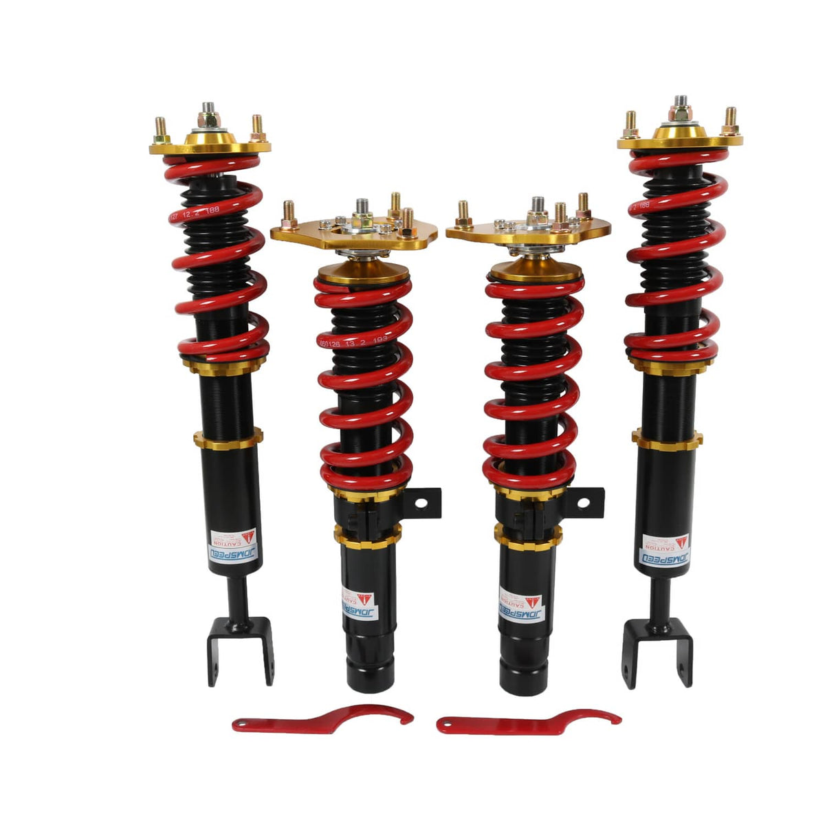 Coilover suspension set: red springs, black shocks, gold top mounts, bracket