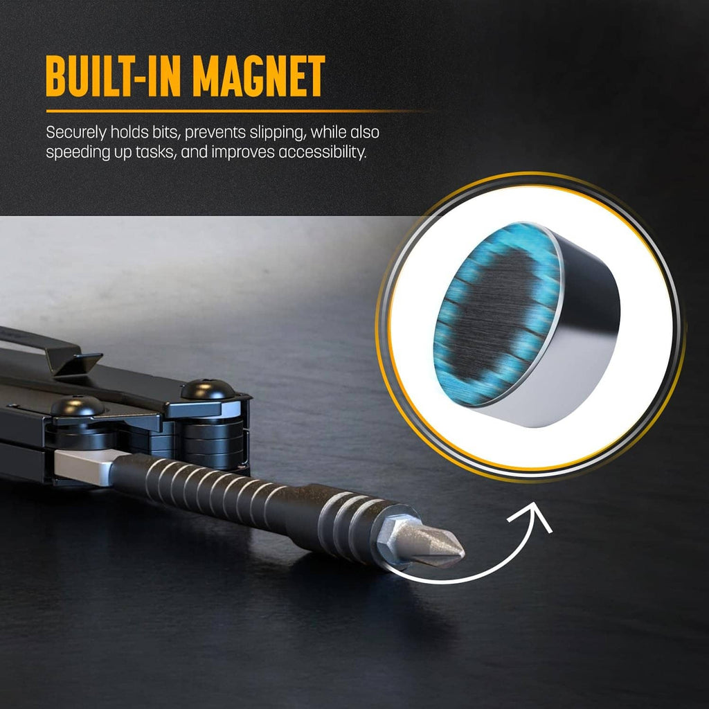 Ratchet driver with built-in magnet holding a hex bit tip