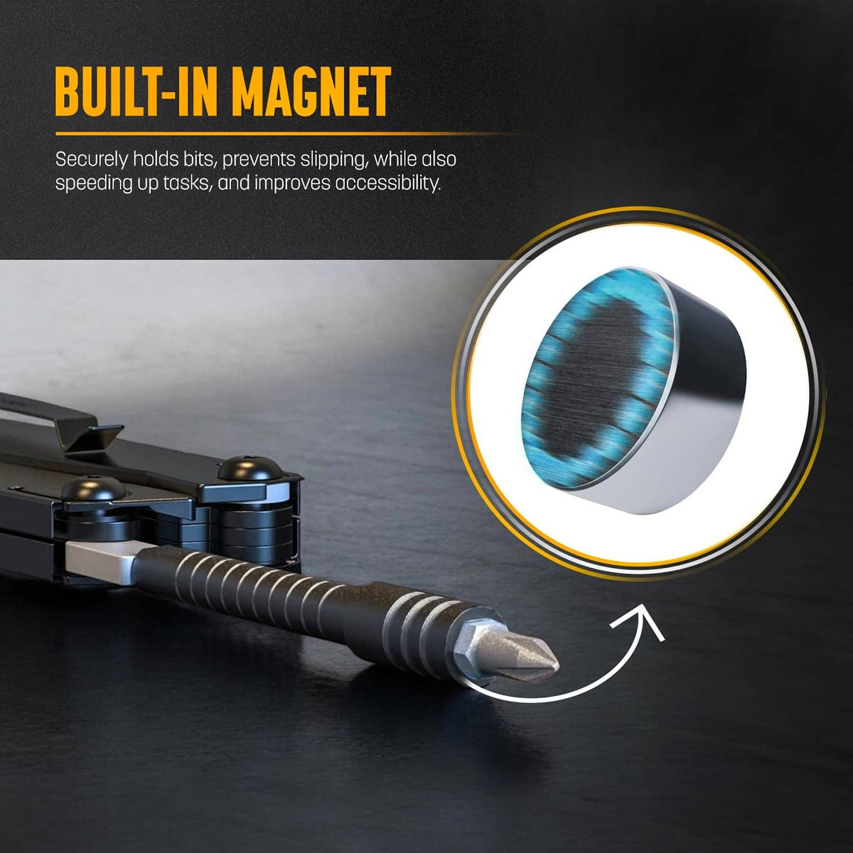 Ratchet driver with built-in magnet holding a hex bit tip