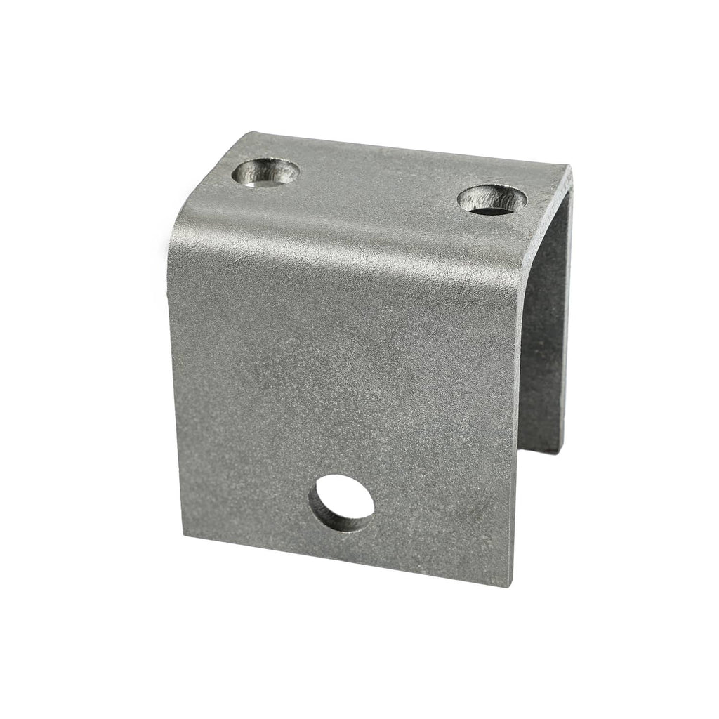 Single gray metal leaf spring hanger bracket with mounting hole and side slot
