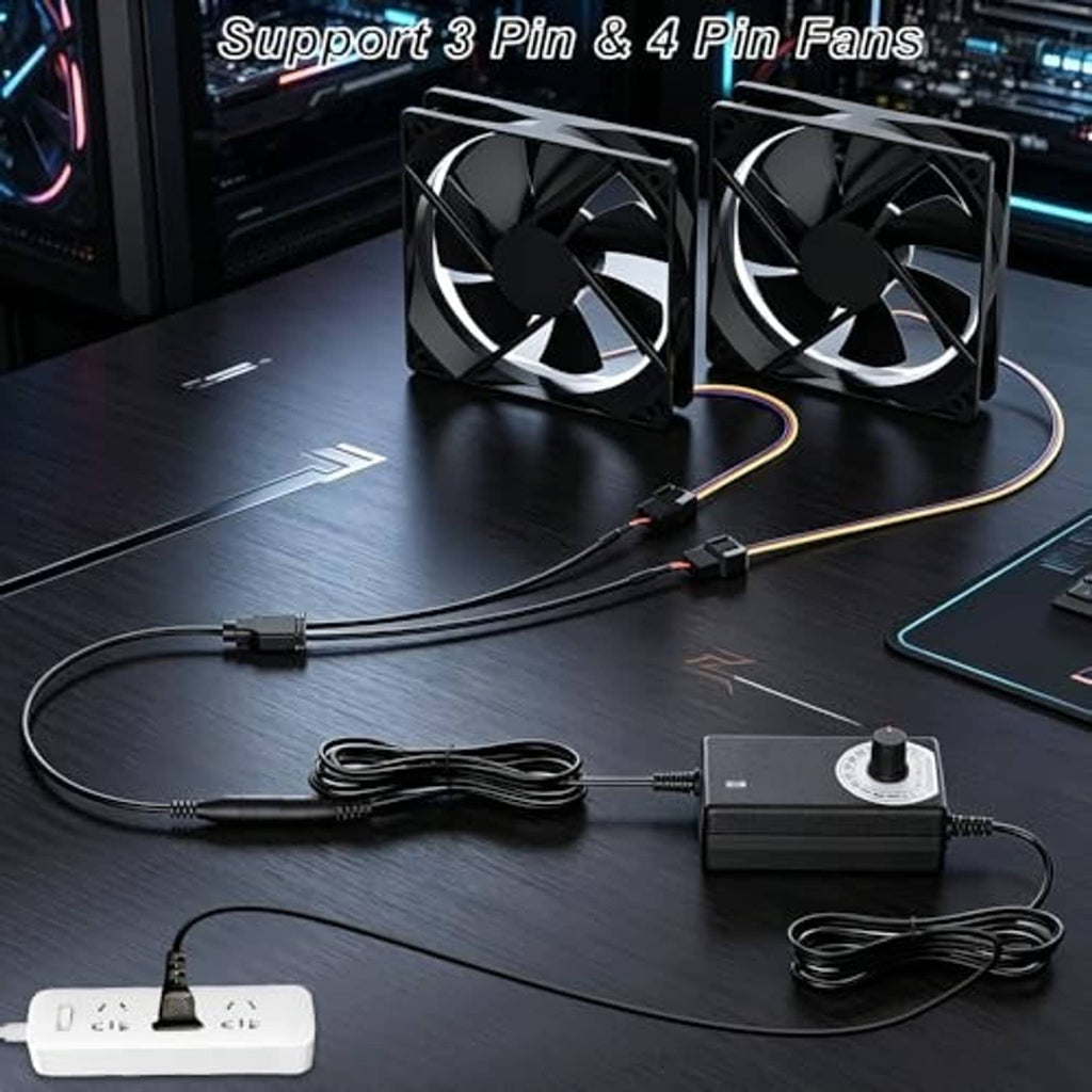 PWM fan hub controller kit with two PC fans, wiring, and power adapter unit