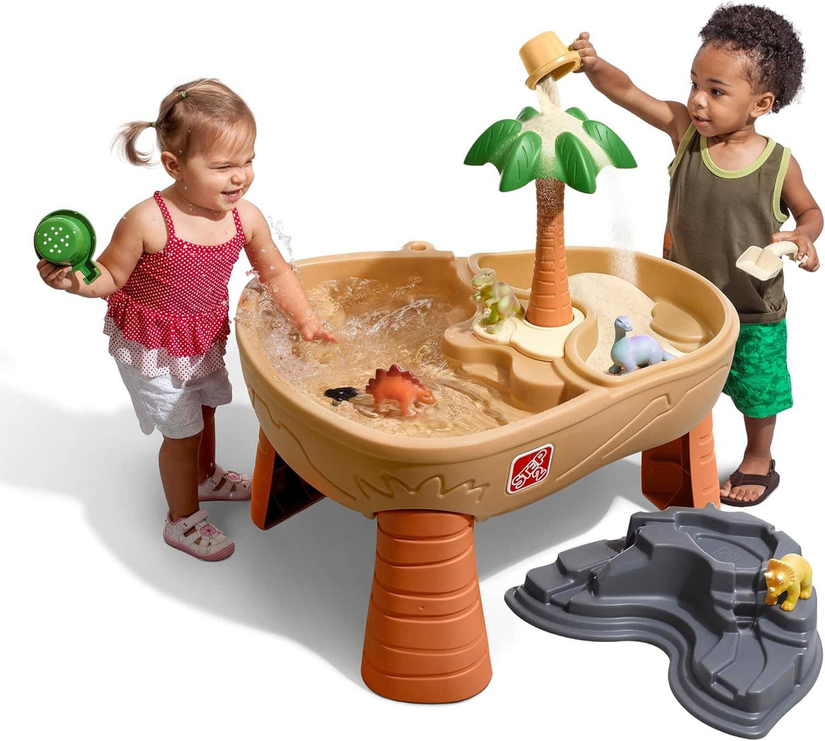 Kids dinosaur sand and water play table with green palm tree, tan basin, grey water tray