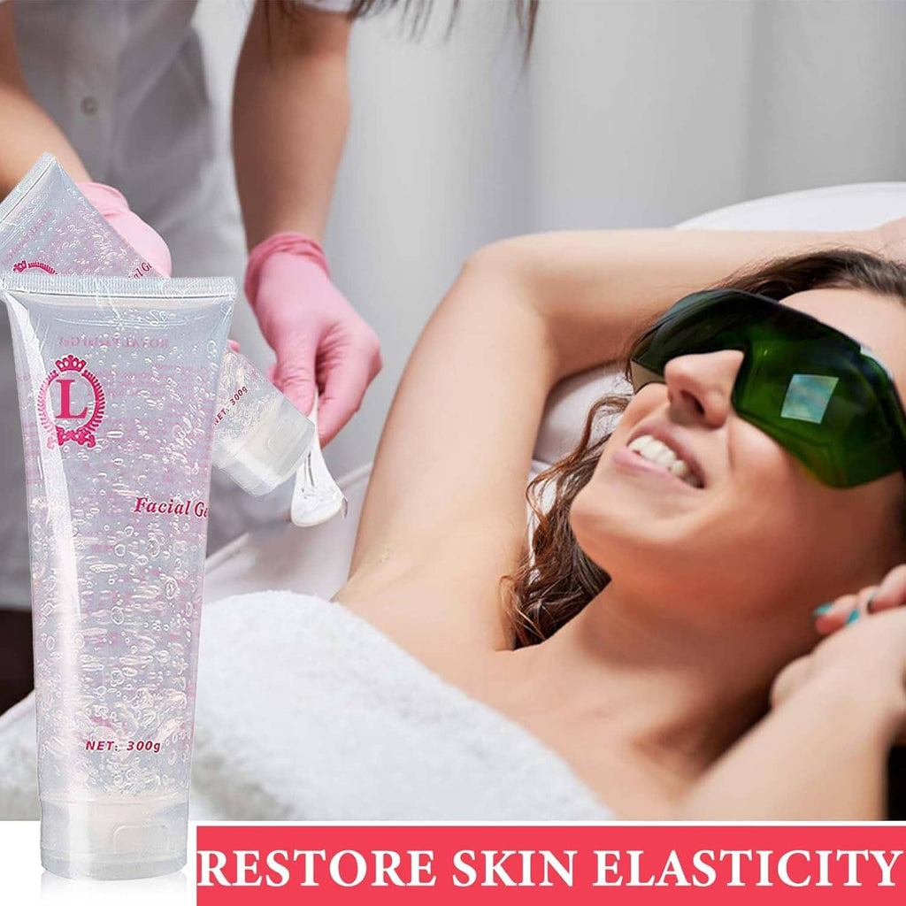 Facial cooling gel tube with person applying clear gel during facial hair removal