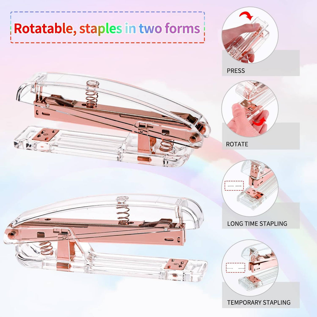 Rose gold rotating stapler with transparent cover and press mechanism