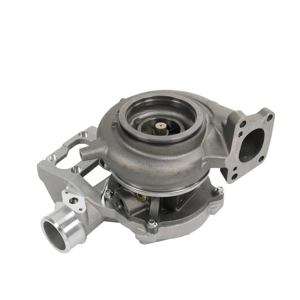 Turbocharger with compressor inlet and outlet ports, steel heat shield and flanges
