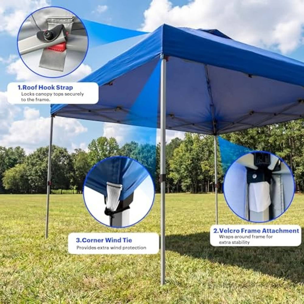 Blue canopy top underside with hook strap, Velcro frame attachment, and wind ties