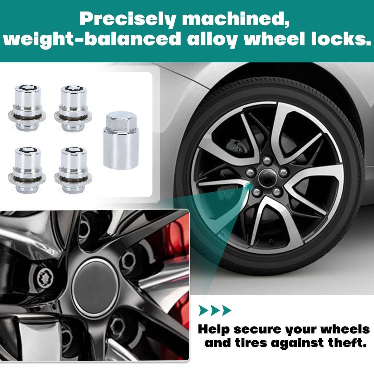 Chrome wheel lock lug nuts and key set shown on a vehicle alloy wheel
