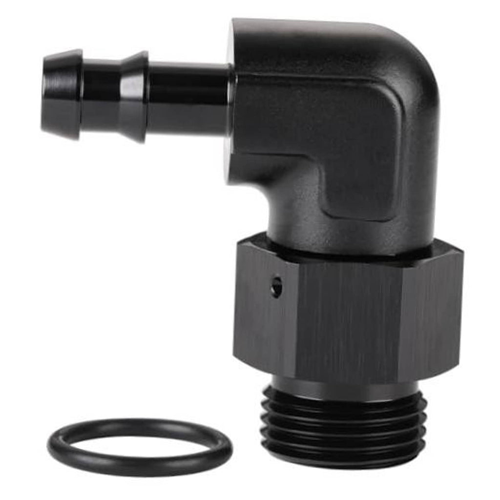 Black 90-degree hose barb adapter fitting with textured metal hex and O-ring seal