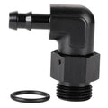 Black 90-degree hose barb adapter fitting with textured metal hex and O-ring seal