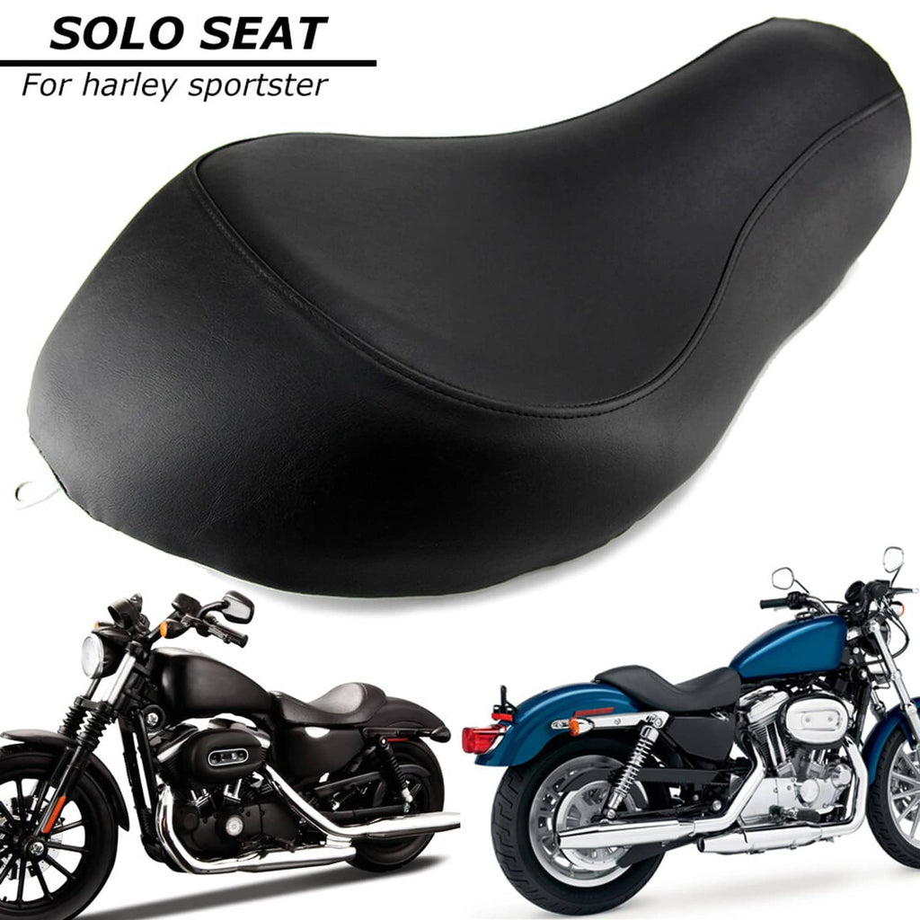 Black solo motorcycle seat with smooth contoured top and double-stitch edge