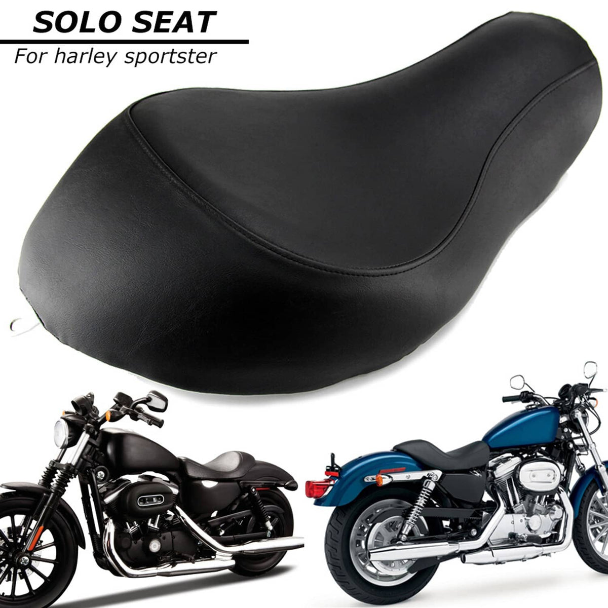Black solo motorcycle seat with smooth contoured top and double-stitch edge