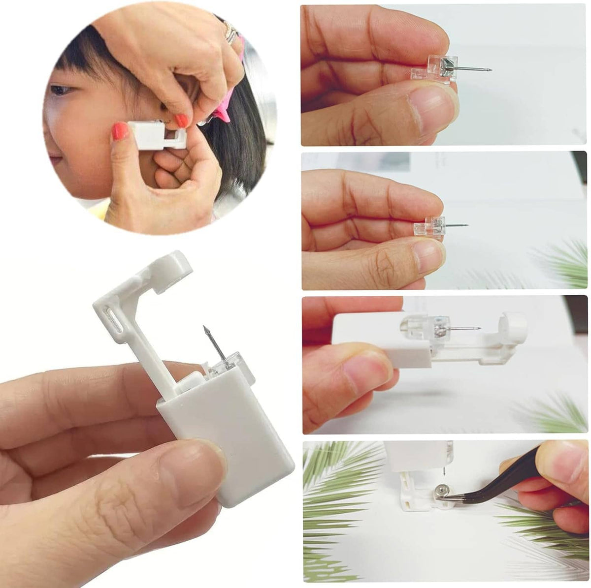 Ear piercing gun used to place a small round clear stud earring on the earlobe