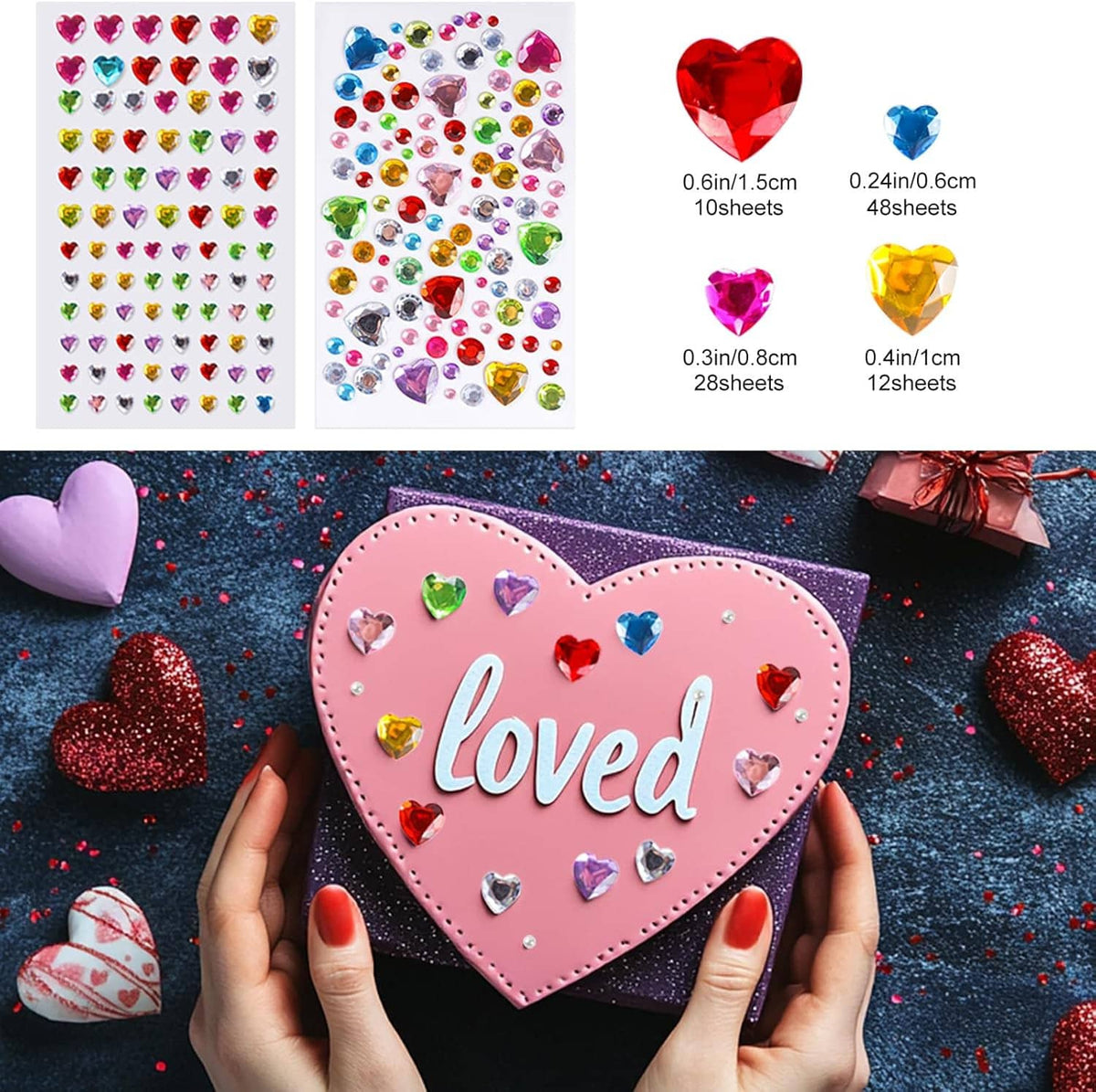 Assorted heart rhinestone sticker sheets with multi-size jewels and a decorated heart sign
