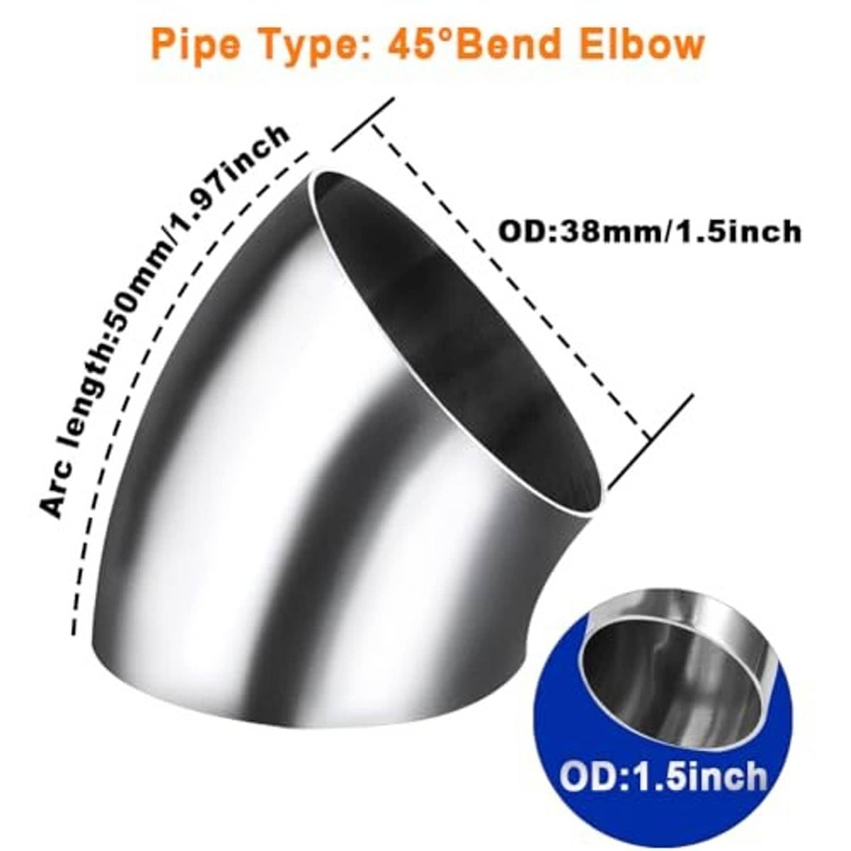 Stainless steel 45-degree elbow pipe with OD measurement callouts and inner opening