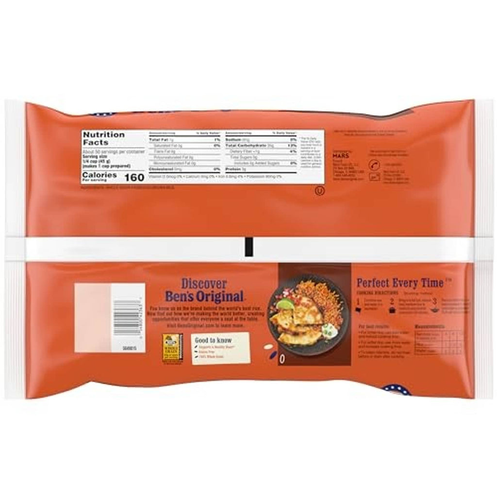 Ben's Original whole grain brown rice 5 lb bag, back with nutrition facts panel